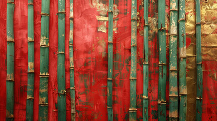abstract background featuring vertical lines that represent bamboo stalks in green and gold, set against a red backdrop to symbolize resilience and prosperity for Chinese New Year