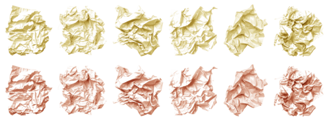 Collection set of pastel light yellow orange crumple wrinkle crushed scrunch ripped irregular shape paper on transparent cutout, PNG file. Many different design. Mockup template artwork graphic