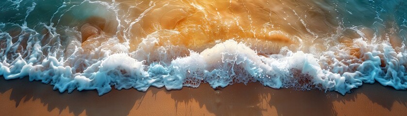 Aerial View of Ocean Waves Crashing on Sandy Beach at Sunset with Golden Light and Turquoise Water