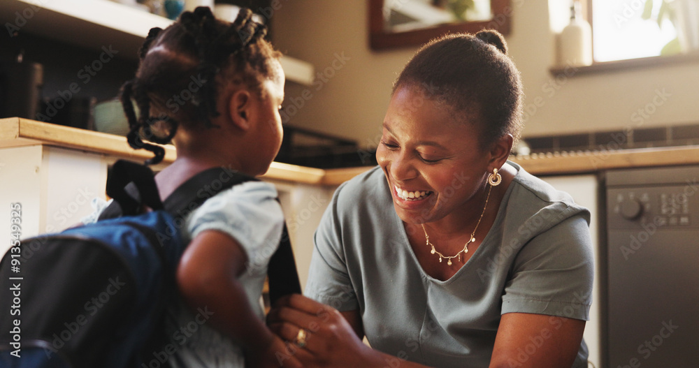 Sticker Black woman, child and backpack for school, education, morning and support for childhood development. Mother, daughter and smile with affection, care and love in kitchen or home for bonding as family