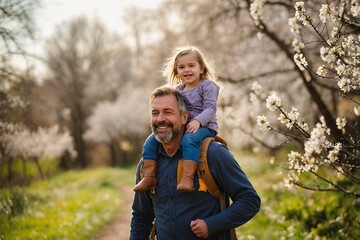 Fototapeta premium Dad having fun with young daughter, carry her on shoulders, walking in spring nature