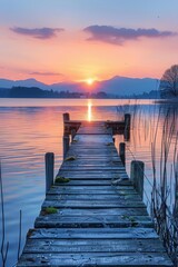 Fototapeta premium Serene Sunset Over Tranquil Lake with Wooden Pier and Mountainous Horizon