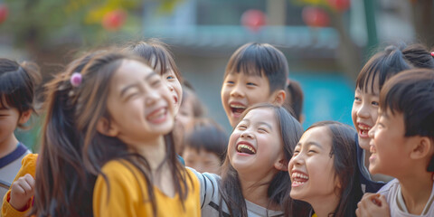 Fototapeta premium A group of children laughing together, enjoying their time and showing their happiness and joy.
