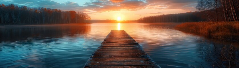 Obraz premium Stunning Sunrise Over Serene Lake with Wooden Pier and Autumn Trees in the Background
