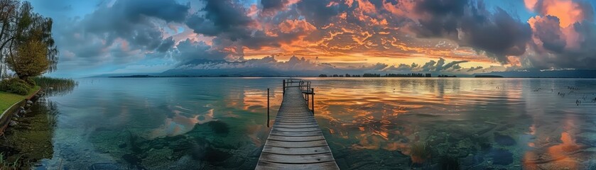 Obraz premium Stunning Sunset Over Serene Lake with Wooden Pier and Dramatic Clouds in Panoramic View