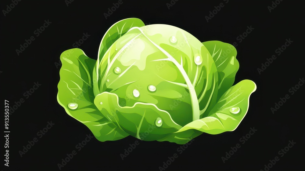 Canvas Prints Lush green cabbage glistens with droplets, showcasing vibrant textures against a sleek, dark backdrop.