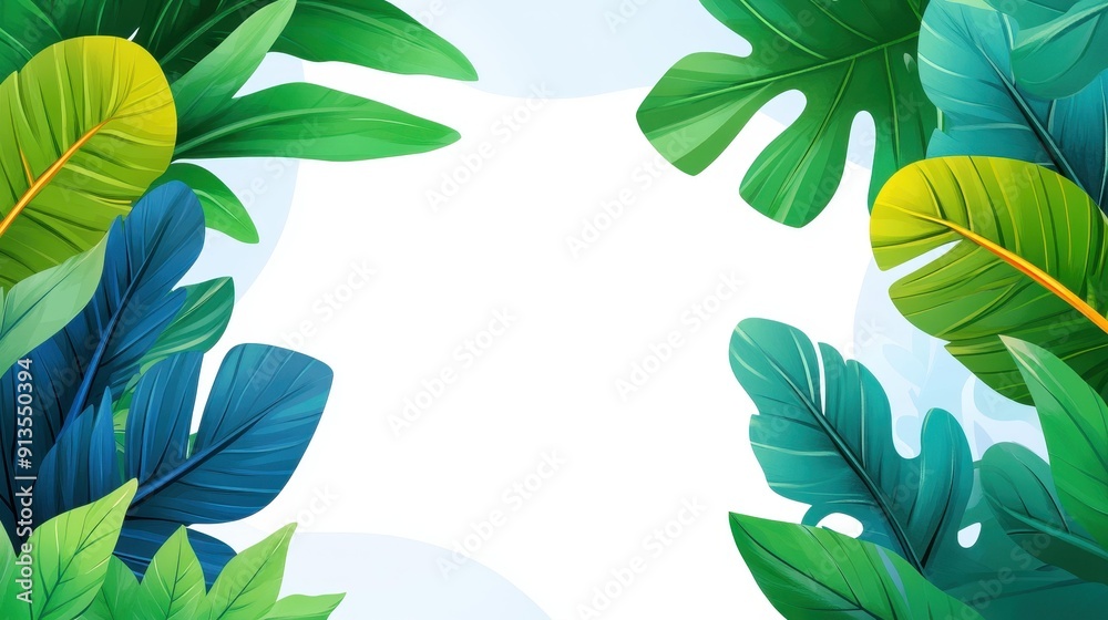 Poster Embrace simplicity with this fresh illustration featuring green plants and a blank photo frame on a clean white backdrop.