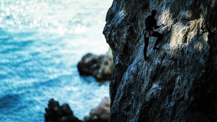 A rock climber ascending a cliff face close up, focus on, copy space Sharp and contrasting tones Double exposure silhouette with rocky terrain