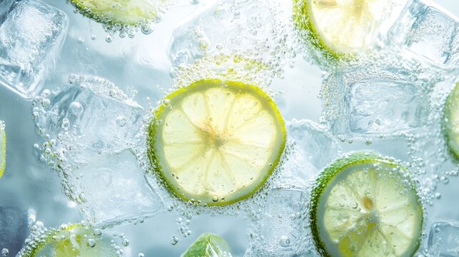 Close-up of lime slices floating in sparkling water with ice cubes.
