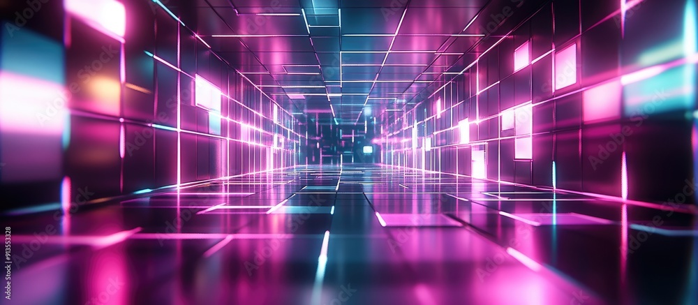 Poster futuristic neon light background with reflective floor abstract virtual reality and internet data ne