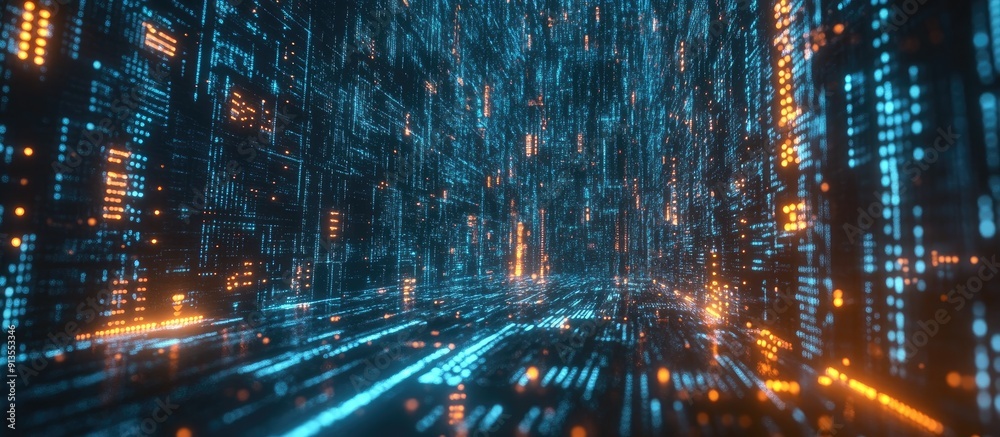 Poster futuristic digital matrix display featuring encrypted data telemetry ideal for high tech computer de