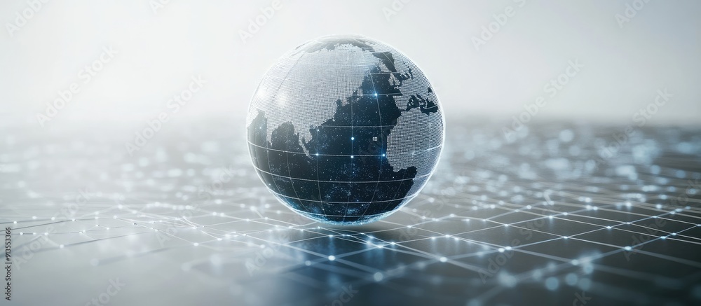 Poster dynamic numerical display and rotating globe on a grid network with a white backdrop concept of glob