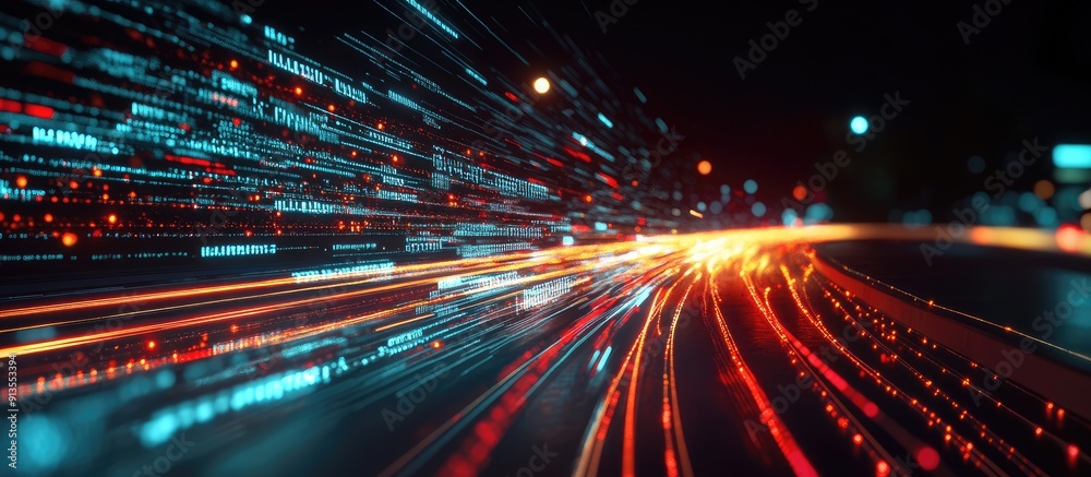 Poster light trails depicting data processing on a dark background concept of global technology computing a