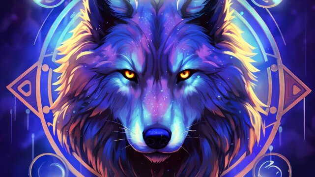 Majestic blue wolf artwork with celestial patterns