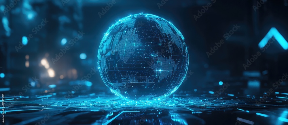 Poster futuristic abstract design featuring a blue 3d sphere representing technology science and engineerin