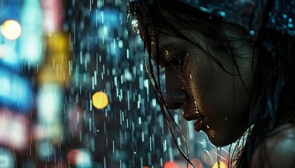 Woman Standing Under Rain in a Neon-lit Urban Environment During Nighttime