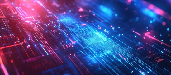 Obraz premium Neon Blue and Pink Abstract Background Featuring Digital Technology and Cyber Communication Representing Innovation and Connectivity in the Metaverse