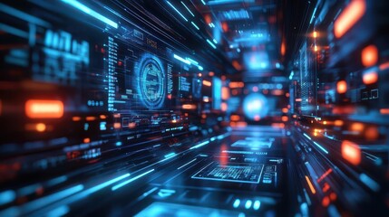 Fototapeta premium Financial automation hub, holographic data, futuristic business environment, advanced solutions