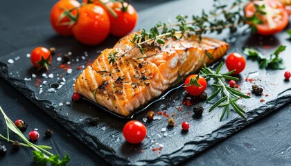 Freshly Grilled Salmon With Cherry Tomatoes and Herbs on Rustic Slate Platter