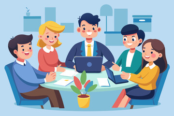 High-quality teamwork meeting cartoon, vector illustration