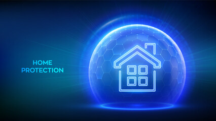 Home security protection. Home Insurance concept. Real estate insurance. Glass transparent sphere shield with surface of hexagons with House icon illustrates Home Insurance. Vector illustration.