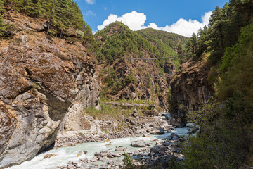 Beautiful double suspension bridge over the Dudh Koshi confluence on the way to Mt Everest.