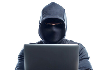hacker with laptop on a transparent background