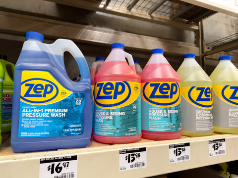 Zep brand of floor and concrete care chemicals on a shelf of a home improvement store. Seen on August 20, 2023 in Los Angeles, CA.