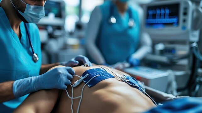 An image of a patient chest with electrodes attached, ready for a heart exam. The focus is on the chest area, emphasizing the medical procedure. The background is a clinical setting with machines and