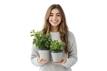 happy young woman standing holding potted plants on a transparent background