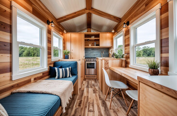 Tiny house with space-efficient furniture and minimalistic decor, reflecting the principles of downsizing and reducing environmental impact