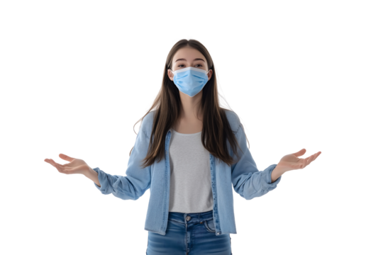 young woman standing with corona mask on a transparent background - Powered by Adobe