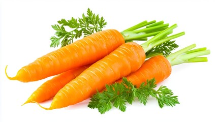 A bunch of carrots with green leaves on a white background