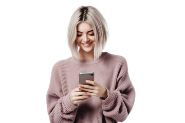 happy caucasian female model with Short Bob standing scrolling on her phone on a transparent background