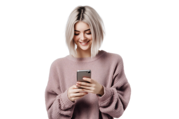 happy caucasian female model with Short Bob standing scrolling on her phone on a transparent background