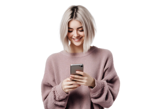 happy caucasian female model with Short Bob standing scrolling on her phone on a transparent background