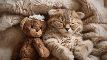 Fototapeta premium Adorable Cat Taking a Peaceful Nap Beside Beloved Toy
