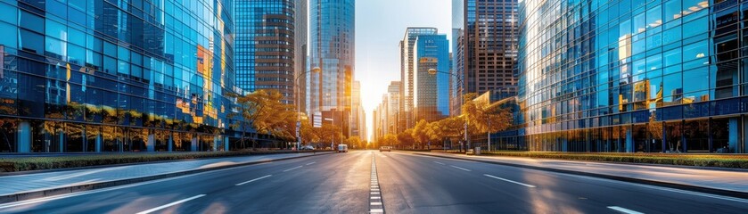 Obraz premium Sunrise in Modern Urban Cityscape with Skyscrapers and Empty Street