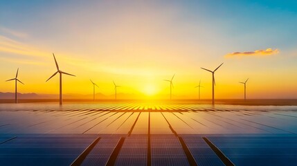 A field of solar panels with wind turbines in the background
