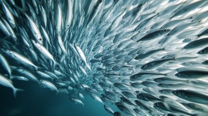 A breathtaking view of a large shoal of fish, moving in tight, synchronized formations, their scales glistening in the light