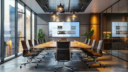 Modern meeting room with large interactive touch screens for presentations and video conferencing.