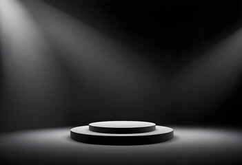 A dramatic and minimalist scene featuring a two-tiered circular podium in the foreground, with a smaller white circular platform sitting atop a larger black base.