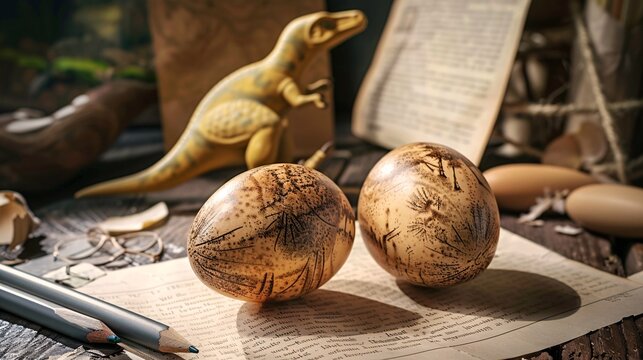 Dinosaur eggs on a classic desk setup, symbolizing growth with a touch of fantasy