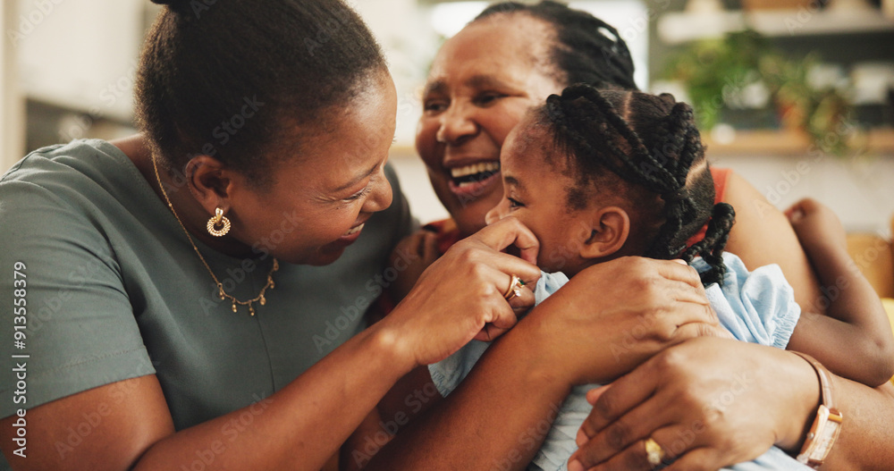 Poster Happy, relax and black child with mother and grandmother in home for womens day celebration together. Fun, bonding and African female generations hugging for connection in living room at family house