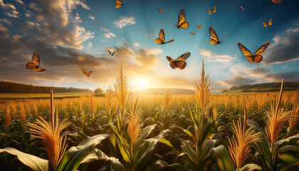 A cornfield teeming with pollinators, such as bees and butterflies, emphasizing the ecological importance of these species in agricultural ecosystems.