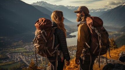 Happy couple enjoying the breathtaking mountain view during their hiking adventure