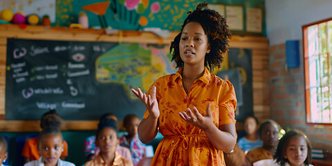 An African teacher with curly hair is teaching students in a classroom.. african woman