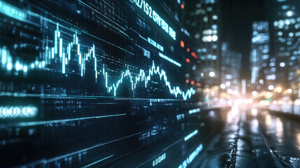 Abstract digital financial data overlay on city street, representing futuristic trading, business, and technology concepts.