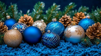Blue and gold christmas ornaments on a blue background with pine cones