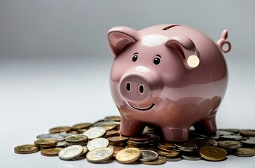 A cute piggy bank sitting on a white background,representing the idea of saving for a rainy day. Investment savings concept illustration.
